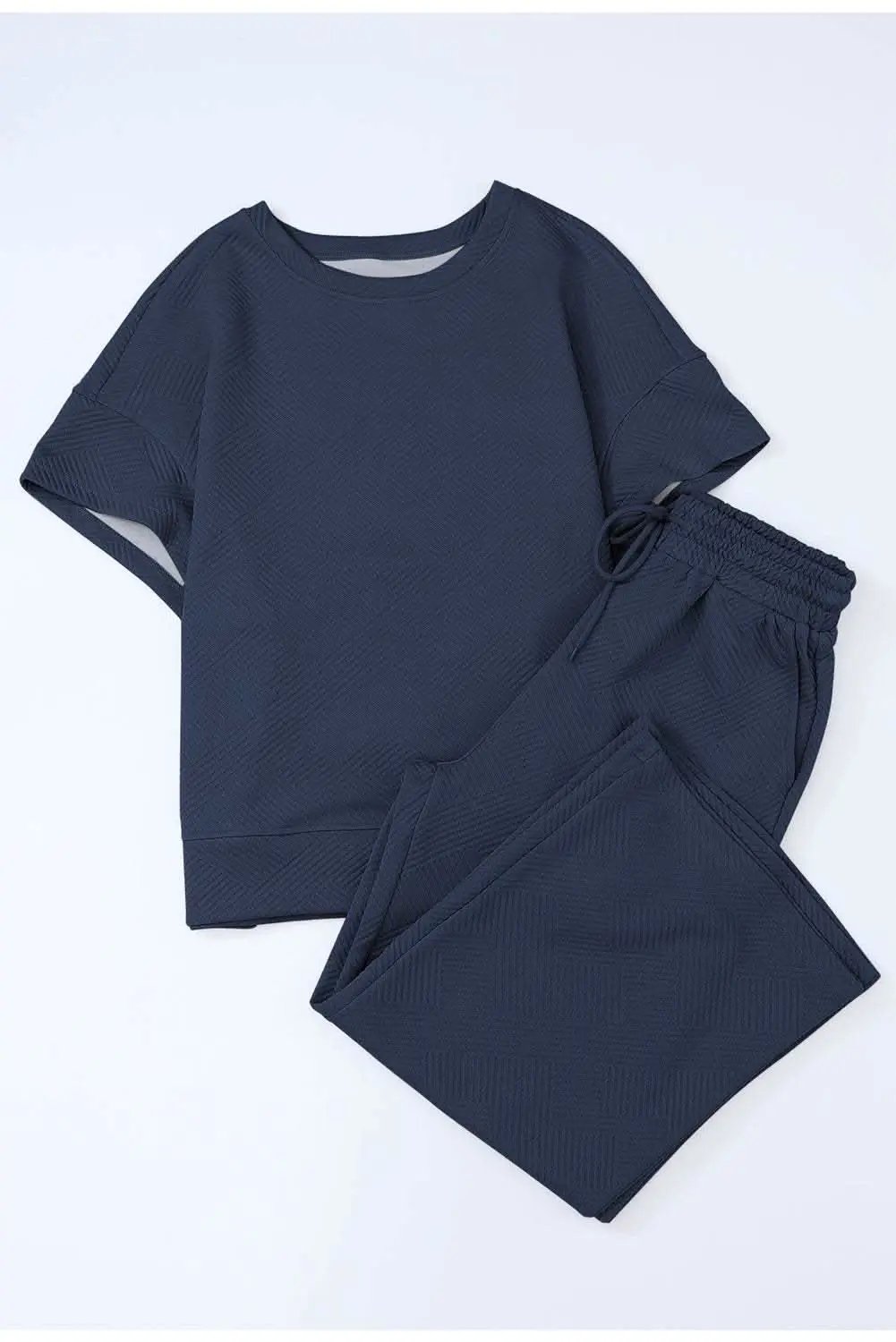 Navy Blue Textured Loose Fit T Shirt and Drawstring Pants Set - Love Salve